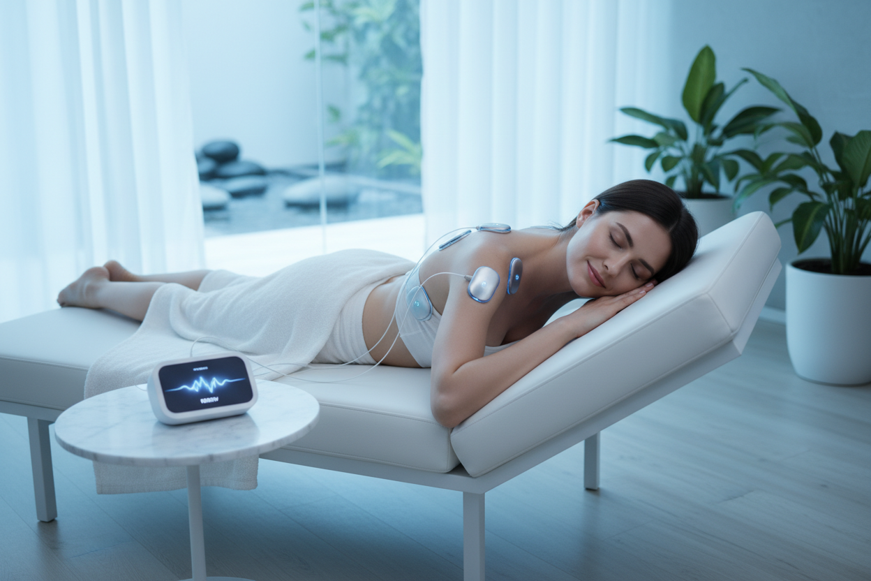 dont use massage chairs, use electric patches that attch to body for ems therapy